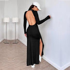 Simple Backless Design Slim Fit Slit Midi Dress