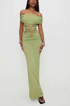 Women's Spring/Summer New Solid Color Off Shoulder Splicing Lace Extra Long Slimming Dress