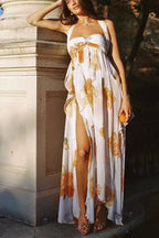 Mariah Floral Print Starfish Brooch Inverted Halter Neck Slit Ruffles Maxi Dress