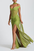 Raise The Level Mesh Off Shoulder Ruched Scarf Stretch Maxi Dress