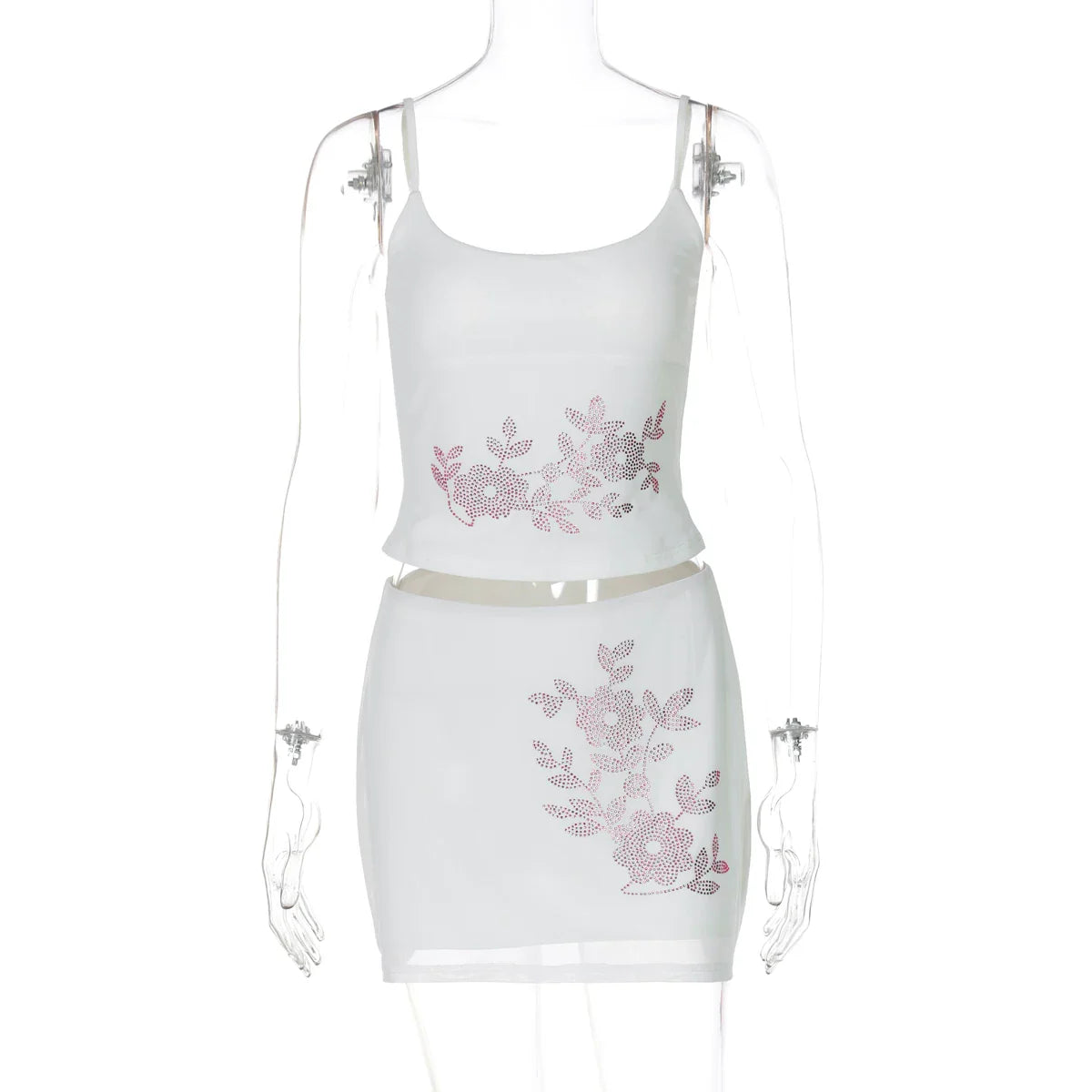 Floral Rhinestone Mesh Skirt Set