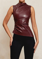 Asymmetric High-Neck Eco-Leather Top