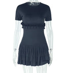 Solid Color Tight Sweet Fresh Pleated Skirt Short Sleeve round Neck Short Dress