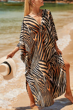Simple Unique Printed Pleated Front Slit Cover Up