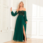 Elegant Multiple Wear off Shoulder High Slit Lace - up Dress Fully Lined Sequin Stitching Chiffon Long Sleeve Dress