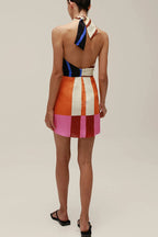 Jeniah Linen Blend Color Block Print Cross Halter Tie-up Loose Mini Dress