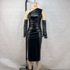 Crossbody Leather Dress Tight Wrapped Chest Pleated Sheath Split Dress