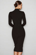 Elira Solid Colour Stand Collar Midi Dress-Black