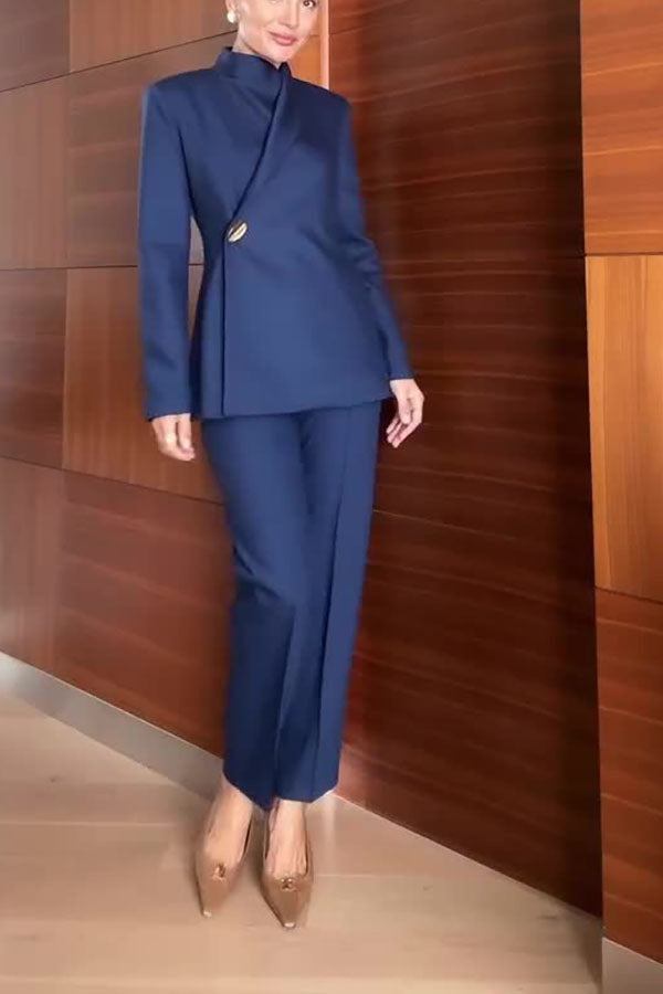 Elegant Women’s Navy Blue Pantsuit – Slim Fit Blazer with Asymmetric Button and Tailored Trousers for Business Office Wear