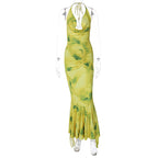 Elegant Slightly Mature Halter Deep V Plunge Printed Long Lotus Leaf Dress