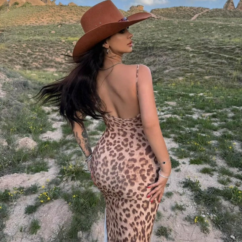 Leopard Print Sling Slim Fit Backless Split Dress