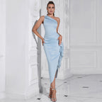 Solid Color One Shoulder Sleeveless Dress Side Slit Lace Stitching Design Dress