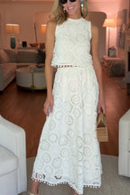 Nice Try Embroidered Crochet Lace Tassle Trim Elastic Waist Midi Skirt