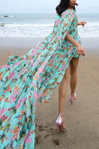 Garden Party Contrast Floral Print High Low Cape Maxi Dress