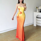 Gradient square neck backless contrast 2-way cami midi dress