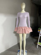Sweet Stretch Knitted Puff Short dress Long Sleeve Ball Bell Sleeve Stitching
