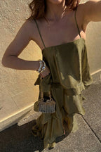 Soft and Smooth Satin Tiered Slip Square Neck A-line Maxi Dress