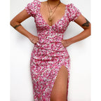 Floral Floral Print Fresh Sweet V - neck Mid - Length Dress