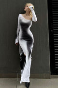 Street Style printed long-sleeved slit dress