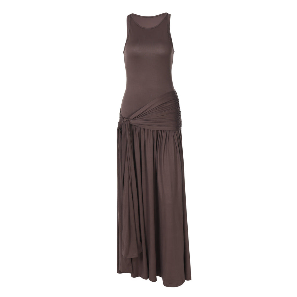 Stitching Ribbon Ruffled Slim Street Midi Solid Color Dress