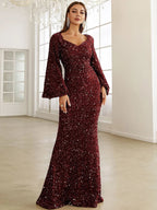 Sequined Long Sleeve Deep V Neck Elegant Slim Fit Evening Dress