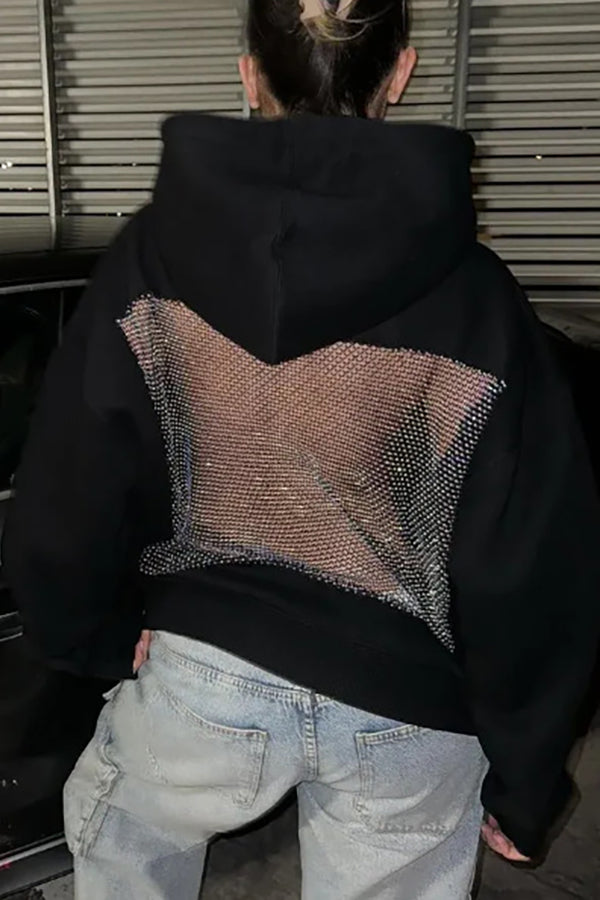 Fashionable Shiny Mesh Hollow Back Loose Long-sleeved Hooded Sweatshirt