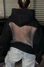 Fashionable Shiny Mesh Hollow Back Loose Long-sleeved Hooded Sweatshirt