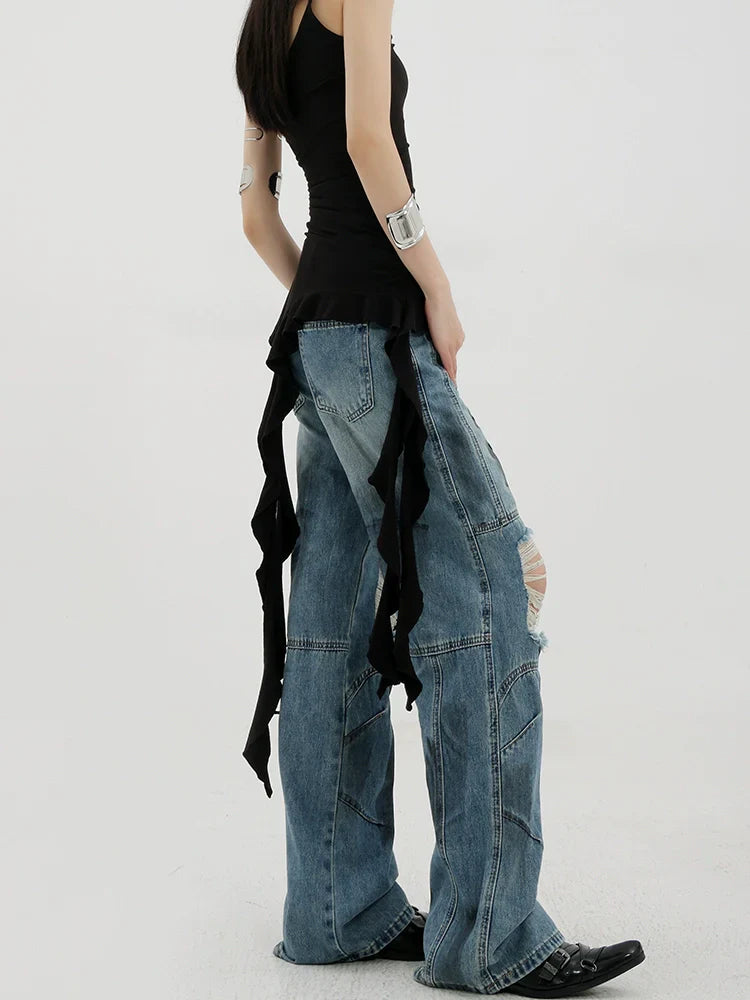 Vintage Distressed And Dirt-Dyed Patchwork Wide-Leg Jeans