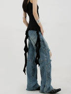Vintage Distressed And Dirt-Dyed Patchwork Wide-Leg Jeans