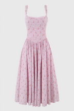 Arwent Pink Rose Print Stretch Cotton Midi Dress