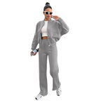 Autumn Winter Solid Color with Fur Zipper Cardigan Women Clothes Casual Straight Pants Two Piece Sets