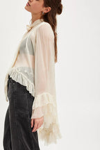 Flowy See-through Ruffle Tie-up Neck Bell Sleeve High-low Hem Cape Shirt