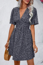 Vania Minimalist Women's Floral Dress with Chic V Neck and Voluminous Sleeves Boutique Collection