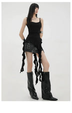 Black Asymmetric Ribbon Strap Tank Top With Ruffle Edge Design