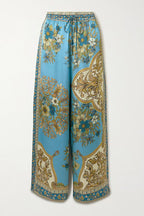 Satin Floral Print Loose Shirt and Elastic Waist Pocket Casual Wide-leg Pants
