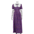 French Peter Pan Collar Short Sleeve Dress Purple Floral Tie Neck Slimming Dress