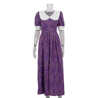 French Peter Pan Collar Short Sleeve Dress Purple Floral Tie Neck Slimming Dress