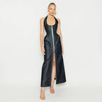Elegant Solid Color Sleeveless Halter Slim Fit Backless Sheath Dress Denim Summer