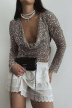 Fashionable Sequined Fishnet Casual Long-sleeved Top