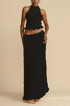Versatile retro charm pleated drawstring waistline long skirt set