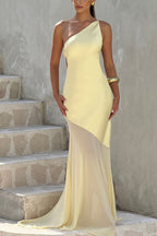 Fable Satin One Shoulder Back Adjustable Straps Contrast Chiffon Hem Maxi Dress