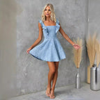 Ladies Casual Flying Sleeves Backless Denim Dress