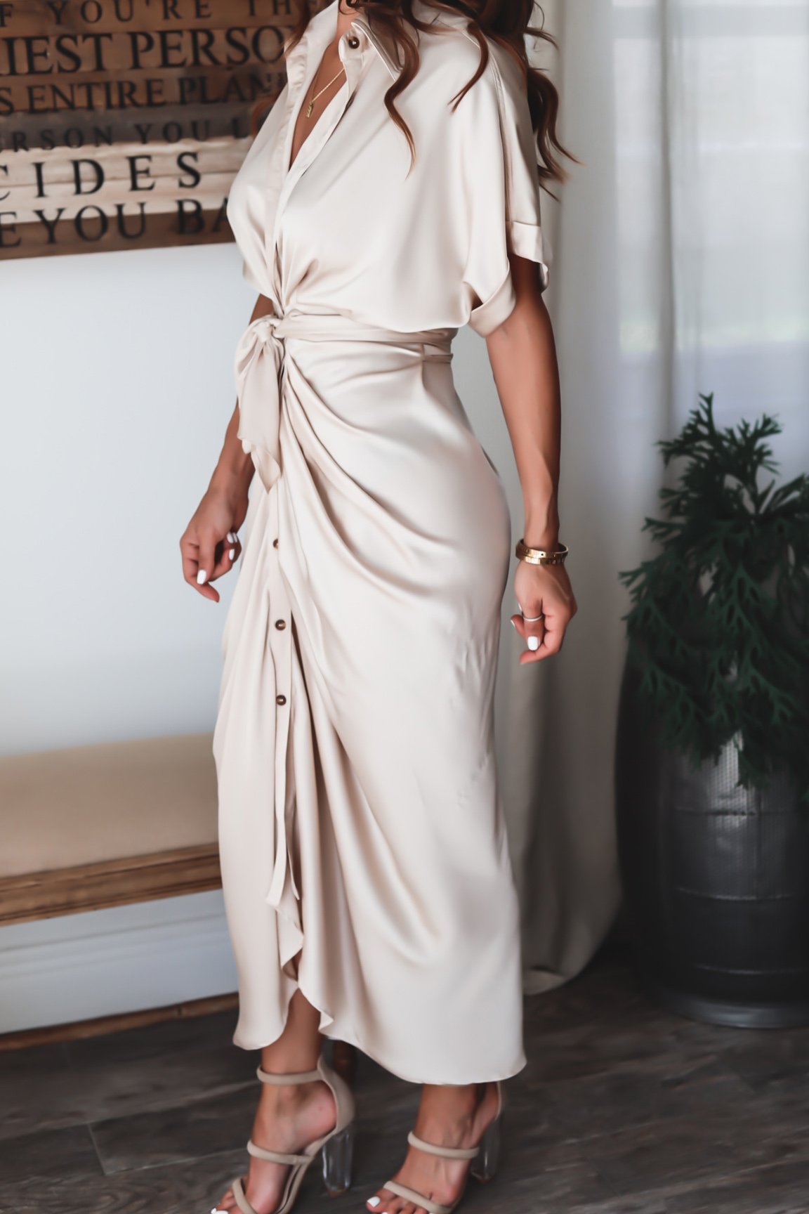 Luv Satin Tie Front Midi Shirt Dress Champagne