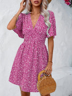 Vania Minimalist Women's Floral Dress with Chic V Neck and Voluminous Sleeves Boutique Collection