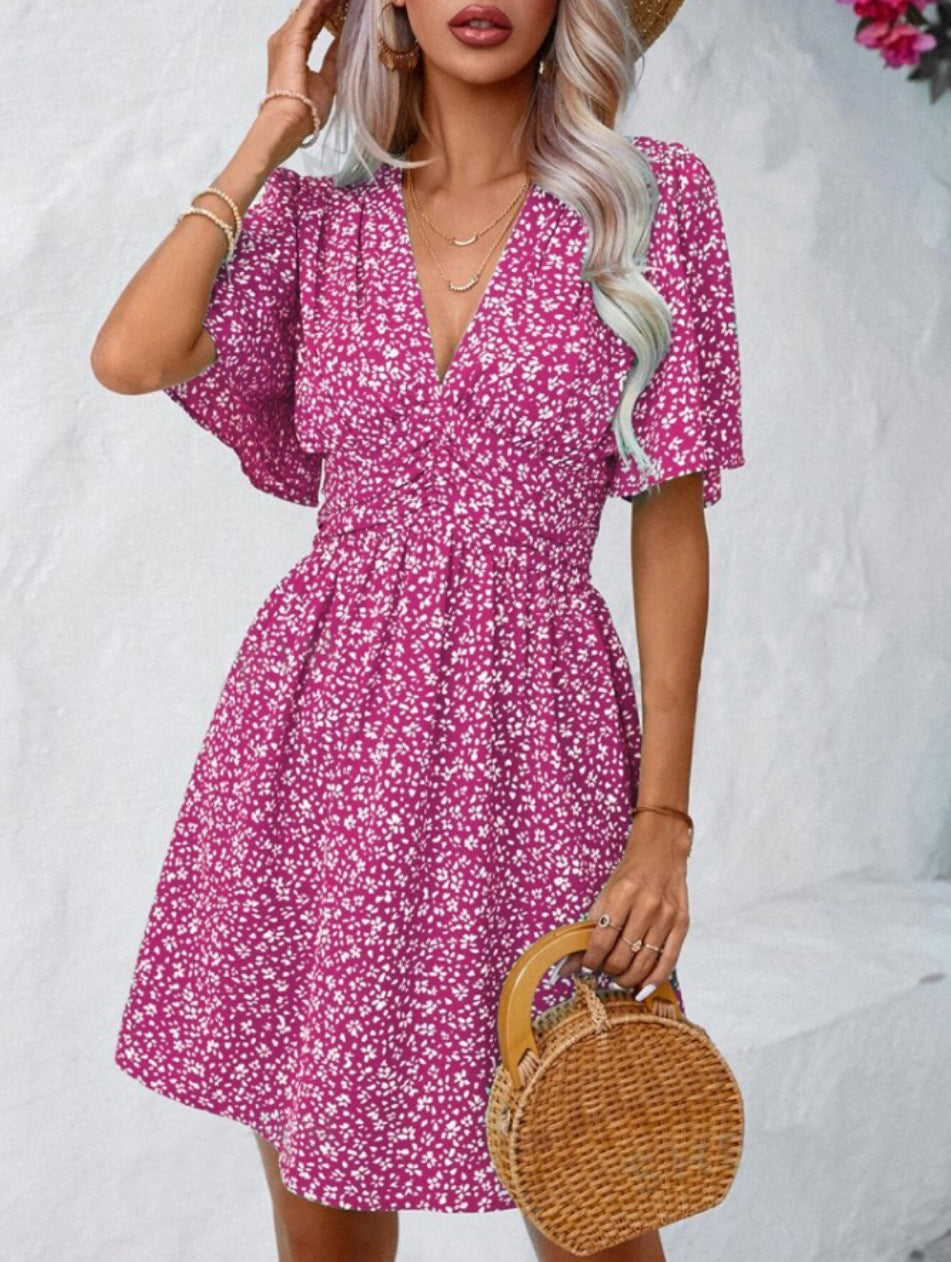Vania Minimalist Women's Floral Dress with Chic V Neck and Voluminous Sleeves Boutique Collection