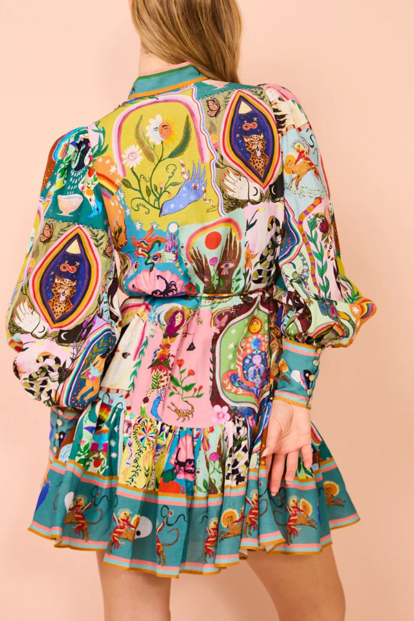 Touch of Luxury Unique Print Balloon Sleeve Button Shirt Mini Dress