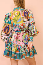 Touch of Luxury Unique Print Balloon Sleeve Button Shirt Mini Dress
