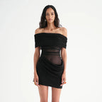 Mesh Stitching off Neck Transparent Slim Fit Sheath Dress