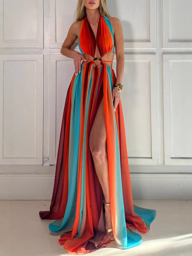 Colorful lucky chiffon printed ring with hollowed out design, slit holiday dress