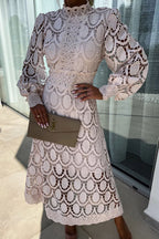 French party sensual party elegant crochet lace lantern sleeves party MIDI skirt